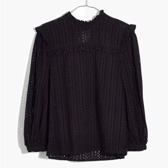 Madewell Mockneck Eyelet Ruffle Long Sleeve Peasant Top Size S Black Fairy Goth - Picture 2 of 11